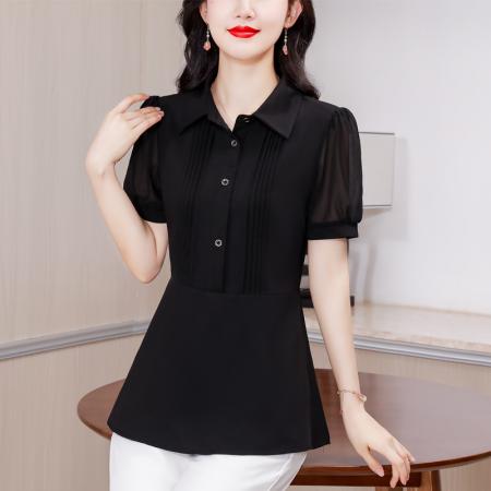 BY18860# 夏季新款衬衫女短袖衬衫领通勤超修身纯色气质简约百搭上衣 服裝批發女裝批發服飾貨源