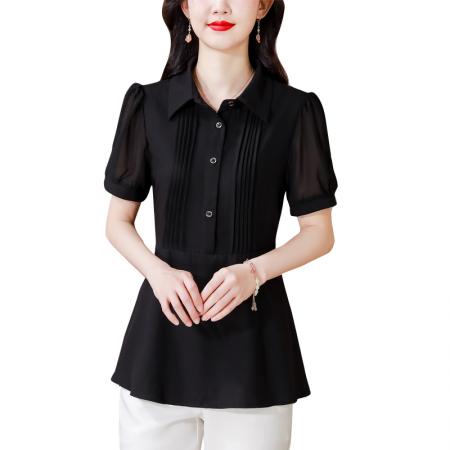 BY18860# 夏季新款衬衫女短袖衬衫领通勤超修身纯色气质简约百搭上衣 服裝批發女裝批發服飾貨源