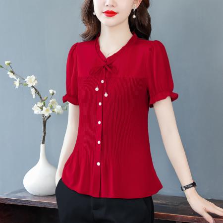 BY18861# 夏季新款衬衣女修身短袖复古甜美减龄少女感洋气上衣 服裝批發女裝批發服飾貨源