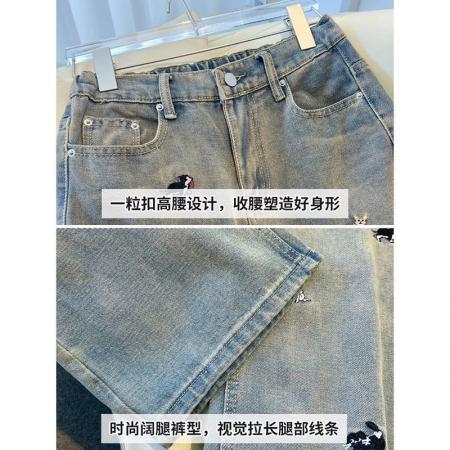 BY18864# 设计感显瘦小狗刺绣阔腿牛仔裤新款秋季女高腰垂感直筒拖地裤 服裝批發女裝批發服飾貨源