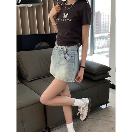 BY18865# 韩系复古美式烫钻牛仔半身裙女夏季胖mm高腰显瘦包臀a字短裙裤子 服裝批發女裝批發服飾貨源