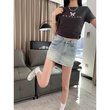 BY18865# 韩系复古美式烫钻牛仔半身裙女夏季胖mm高腰显瘦包臀a字短裙裤子 服裝批發女裝批發服飾貨源