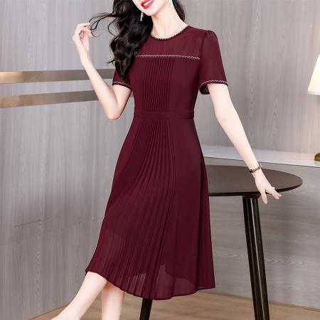 BY18869# 法式轻奢雪纺连衣裙女夏季新款设计感气质收腰显瘦百褶裙 服裝批發女裝批發服飾貨源