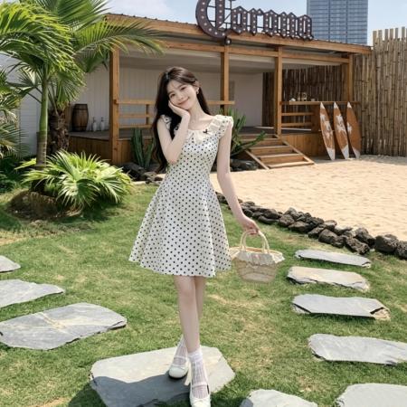 BY18873# 夏季波点连衣裙蕾丝花边蝴蝶结甜妹A字裙修身显瘦小个子短裙 服裝批發女裝批發服飾貨源