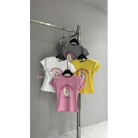 BY18877# 夏季新款韩版修身百搭时尚圆领卡通印花字母纯棉短袖垫肩T恤 服裝批發女裝批發服飾貨源