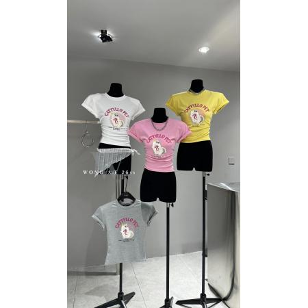 BY18877# 夏季新款韩版修身百搭时尚圆领卡通印花字母纯棉短袖垫肩T恤 服裝批發女裝批發服飾貨源