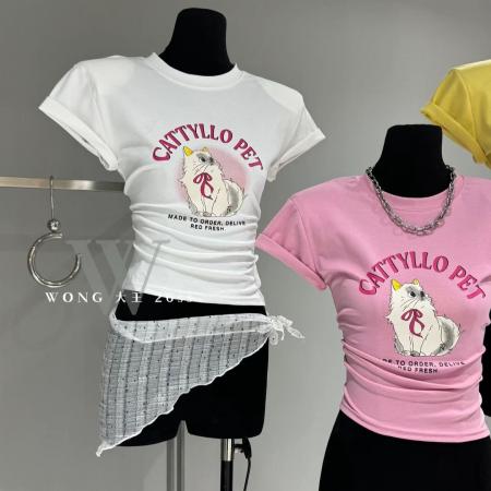 BY18877# 夏季新款韩版修身百搭时尚圆领卡通印花字母纯棉短袖垫肩T恤 服裝批發女裝批發服飾貨源