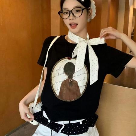 BY18878# 26夏季韩系新款纯棉短袖T恤时尚百搭减龄趣味小女孩印花休闲上衣 服裝批發女裝批發服飾貨源