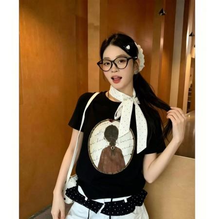 BY18878# 26夏季韩系新款纯棉短袖T恤时尚百搭减龄趣味小女孩印花休闲上衣 服裝批發女裝批發服飾貨源