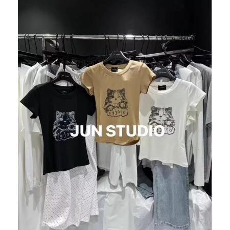 BY18879# 韩版卡通猫咪印花纯棉短袖T恤女夏季新款圆领百搭休闲上衣 服裝批發女裝批發服飾貨源