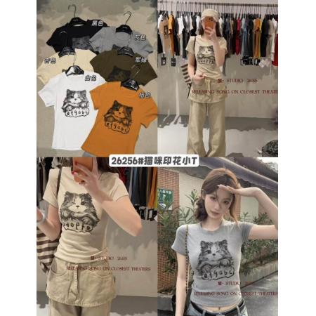 BY18879# 韩版卡通猫咪印花纯棉短袖T恤女夏季新款圆领百搭休闲上衣 服裝批發女裝批發服飾貨源