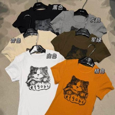 BY18879# 韩版卡通猫咪印花纯棉短袖T恤女夏季新款圆领百搭休闲上衣 服裝批發女裝批發服飾貨源