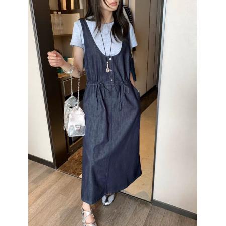 BY18881# 深蓝色抽绳收腰牛仔背带裙套装新款女春夏季韩版miu系连衣裙 服裝批發女裝批發服飾貨源