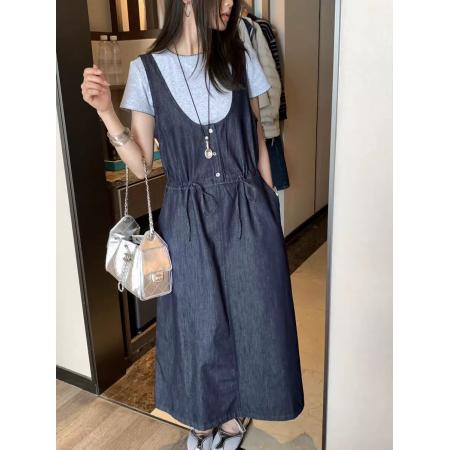 BY18881# 深蓝色抽绳收腰牛仔背带裙套装新款女春夏季韩版miu系连衣裙 服裝批發女裝批發服飾貨源