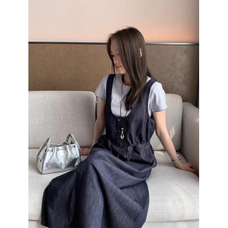 BY18881# 深蓝色抽绳收腰牛仔背带裙套装新款女春夏季韩版miu系连衣裙 服裝批發女裝批發服飾貨源