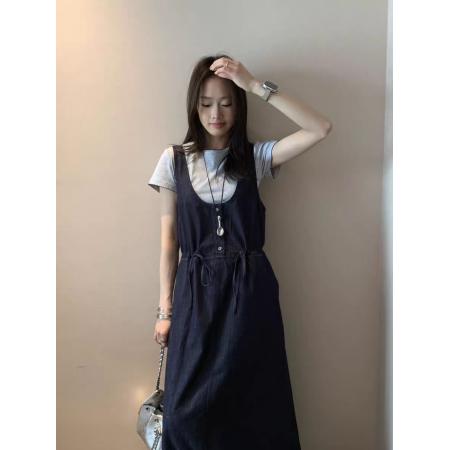 BY18881# 深蓝色抽绳收腰牛仔背带裙套装新款女春夏季韩版miu系连衣裙 服裝批發女裝批發服飾貨源