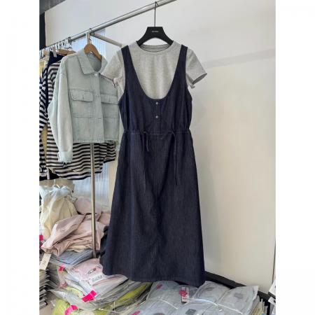 BY18881# 深蓝色抽绳收腰牛仔背带裙套装新款女春夏季韩版miu系连衣裙 服裝批發女裝批發服飾貨源