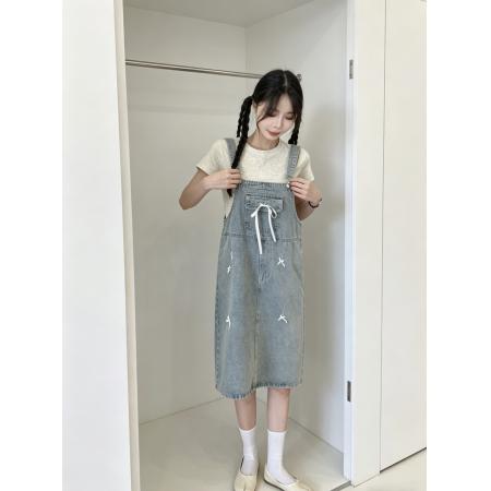 BY18882# 巨好看牛仔背带连衣裙女夏新款韩系学院风减龄宽松休闲吊带裙 服裝批發女裝批發服飾貨源