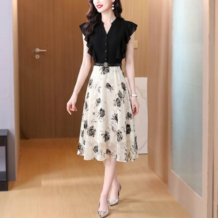 BY18883# 法式优雅拼接连衣裙女夏季新款v领气质收腰显瘦印花a字裙 服裝批發女裝批發服飾貨源