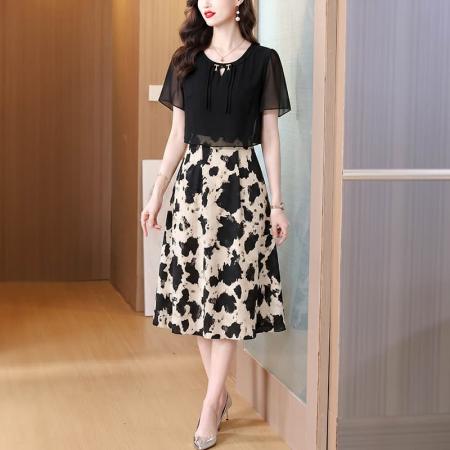 BY18887# 黑色假两件雪纺连衣裙女夏季新款女装简单大方小个子拼接裙子 服裝批發女裝批發服飾貨源