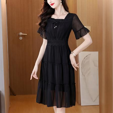 BY18892# 雪纺连衣裙女夏新款法式收腰显瘦气质温柔风女神范黑色裙 服裝批發女裝批發服飾貨源