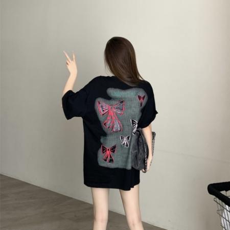 BY18895# 新款慵懒宽松中长大版印花蝴蝶结元气短袖T恤女 服裝批發女裝批發服飾貨源