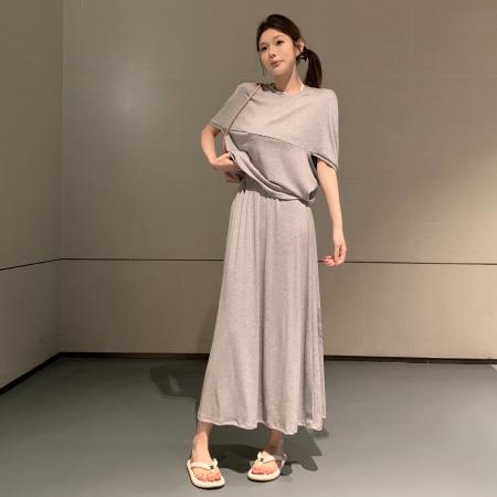 BY18898# 不减价夏季新款亚麻烟粉色气质罩衫半身长裙套装 服裝批發女裝批發服飾貨源