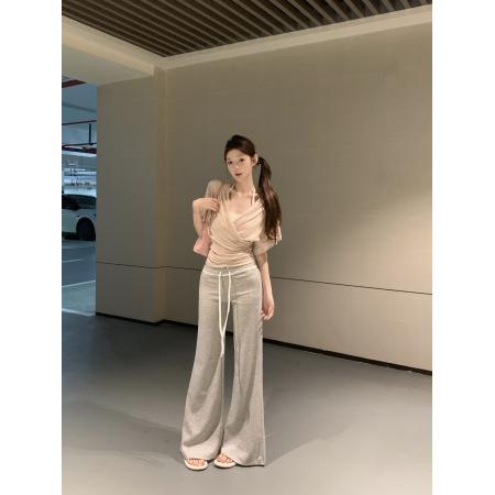 BY18899# 短袖t恤女穿搭v领韩系修身气质上衣微喇简约休闲裤长裤 服裝批發女裝批發服飾貨源