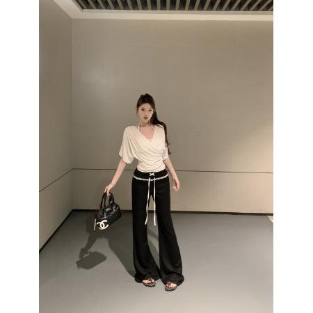 BY18899# 短袖t恤女穿搭v领韩系修身气质上衣微喇简约休闲裤长裤 服裝批發女裝批發服飾貨源