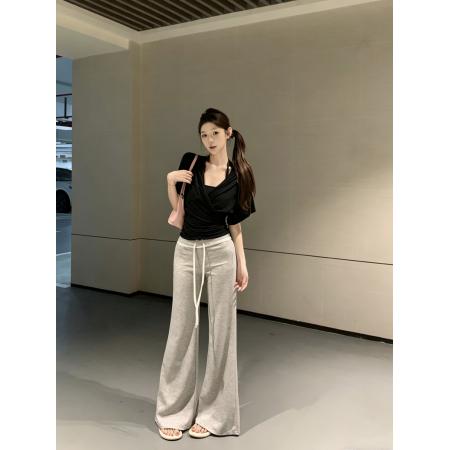 BY18899# 短袖t恤女穿搭v领韩系修身气质上衣微喇简约休闲裤长裤 服裝批發女裝批發服飾貨源