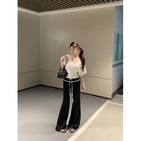 BY18899# 短袖t恤女穿搭v领韩系修身气质上衣微喇简约休闲裤长裤 服裝批發女裝批發服飾貨源