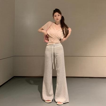 BY18899# 短袖t恤女穿搭v领韩系修身气质上衣微喇简约休闲裤长裤 服裝批發女裝批發服飾貨源