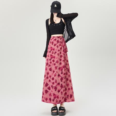 BY18900# 印花半身裙不规则后开叉包臀裙高腰显瘦系带半身裙女 服裝批發女裝批發服飾貨源