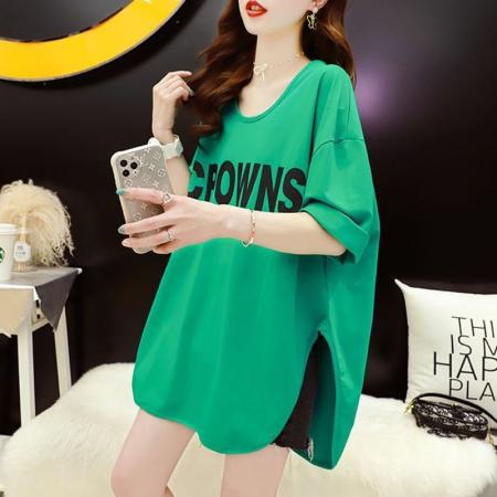 BY18902# 棉夏季新款设计前短后长开叉字母印花T恤女 服裝批發女裝批發服飾貨源