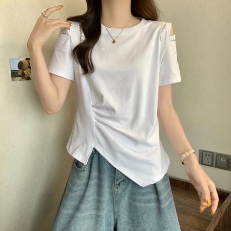 BY18903# 款精棉夏季不规则设计露肩T恤上衣 服裝批發女裝批發服飾貨源
