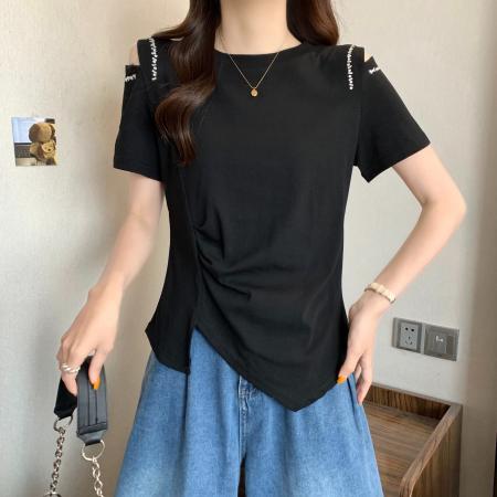 BY18903# 款精棉夏季不规则设计露肩T恤上衣 服裝批發女裝批發服飾貨源