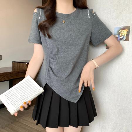 BY18903# 款精棉夏季不规则设计露肩T恤上衣 服裝批發女裝批發服飾貨源