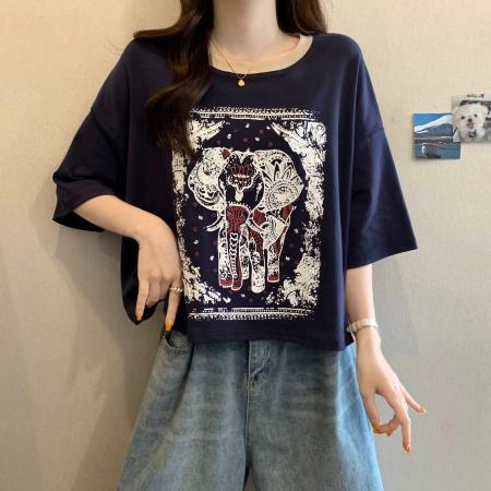 BY18904# 棉夏季新款印花圆领短袖T恤上衣 服裝批發女裝批發服飾貨源