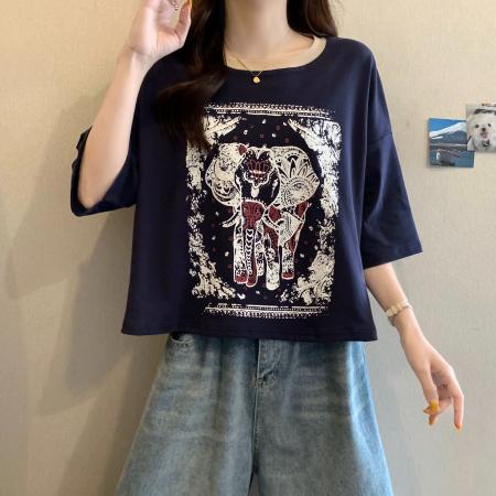 BY18904# 棉夏季新款印花圆领短袖T恤上衣 服裝批發女裝批發服飾貨源