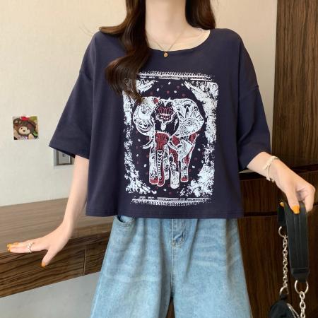 BY18904# 棉夏季新款印花圆领短袖T恤上衣 服裝批發女裝批發服飾貨源