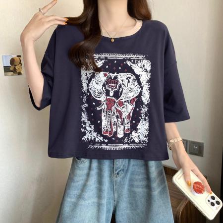 BY18904# 棉夏季新款印花圆领短袖T恤上衣 服裝批發女裝批發服飾貨源