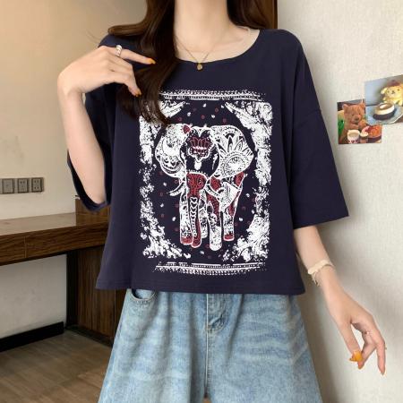 BY18904# 棉夏季新款印花圆领短袖T恤上衣 服裝批發女裝批發服飾貨源