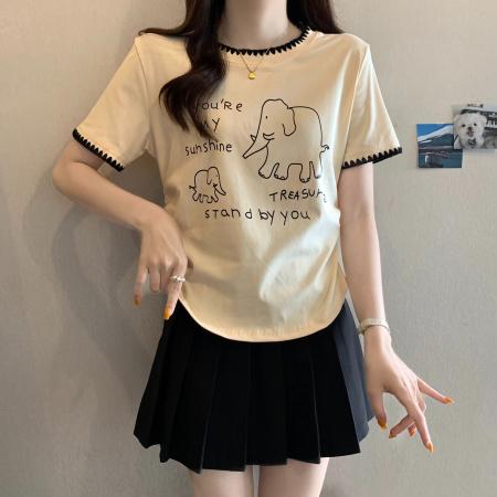 BY18905# 棉夏季遮肚显瘦韩系撞色圆领上衣 服裝批發女裝批發服飾貨源