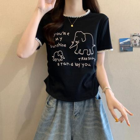 BY18905# 棉夏季遮肚显瘦韩系撞色圆领上衣 服裝批發女裝批發服飾貨源