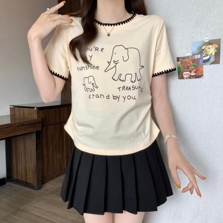 BY18905# 棉夏季遮肚显瘦韩系撞色圆领上衣 服裝批發女裝批發服飾貨源