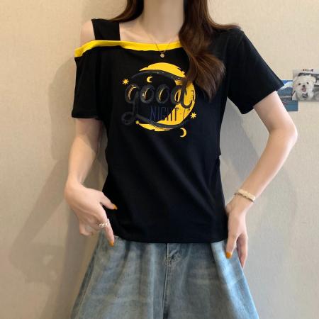BY18906# 棉夏季收腰遮肚露肩拼色斜领上衣 服裝批發女裝批發服飾貨源