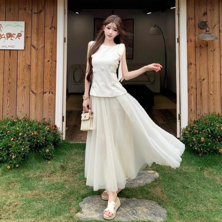 BY18909# 温柔风假两件连衣裙女夏季收腰显瘦气质长款大摆仙女裙 服裝批發女裝批發服飾貨源