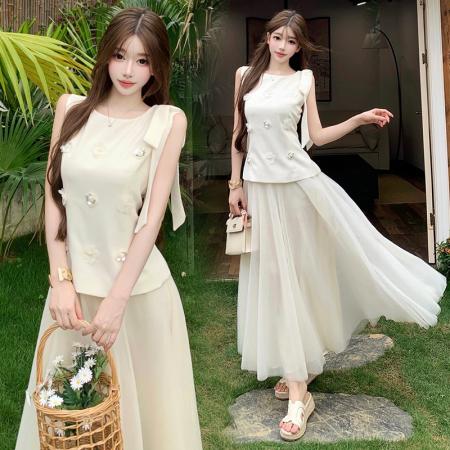 BY18909# 温柔风假两件连衣裙女夏季收腰显瘦气质长款大摆仙女裙 服裝批發女裝批發服飾貨源