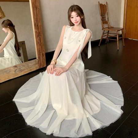 BY18909# 温柔风假两件连衣裙女夏季收腰显瘦气质长款大摆仙女裙 服裝批發女裝批發服飾貨源