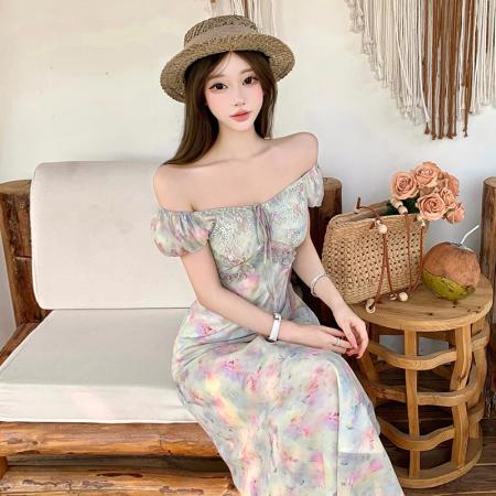 BY18910# 夏季法式优雅晕染珠光亮面浪漫气质短袖一字肩连衣裙微收腰连衣裙 服裝批發女裝批發服飾貨源